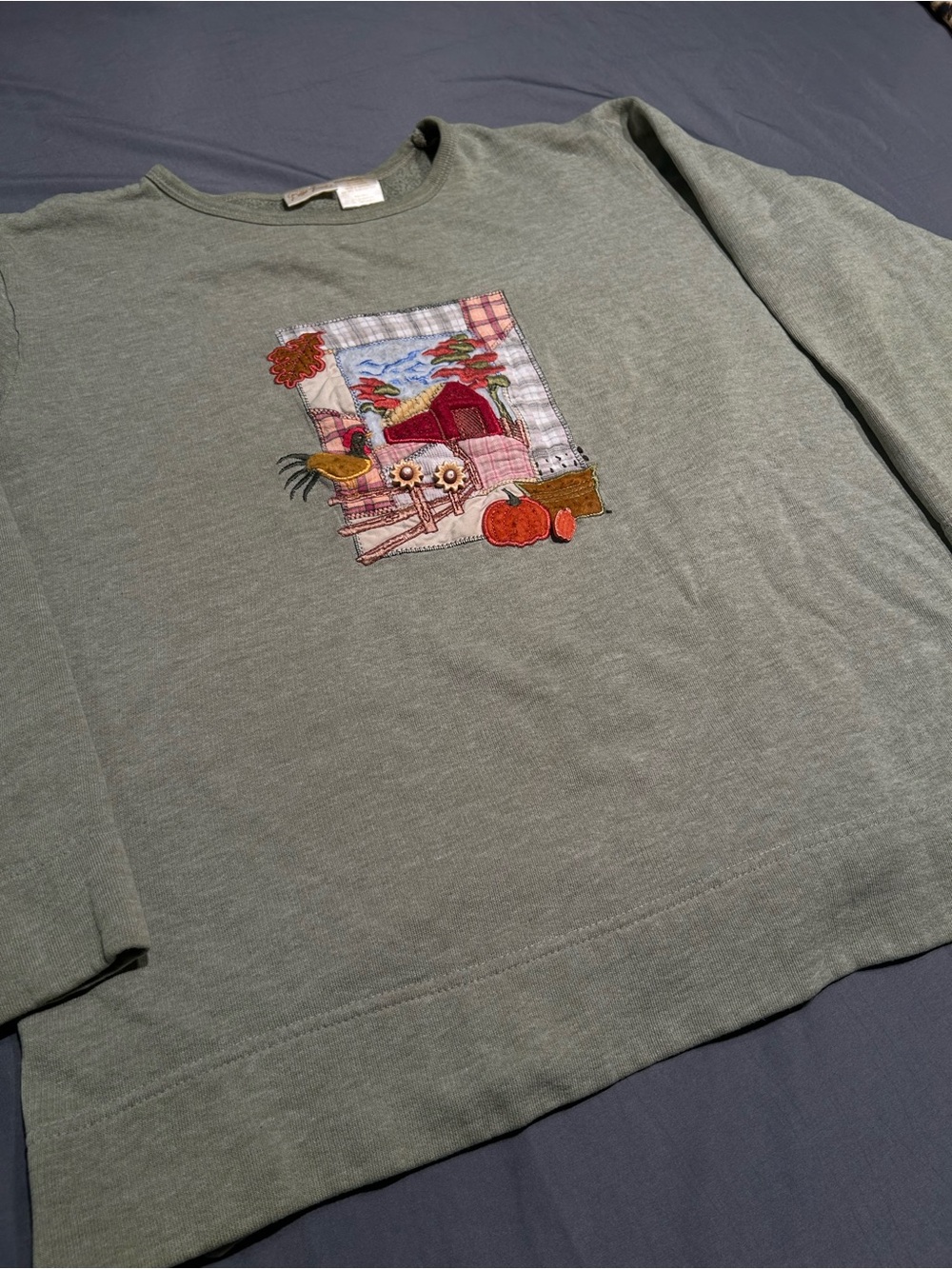 Vintage Bobbie Brooks Green Fall Farm Themed Sweatshirt - Picture 2 of 6